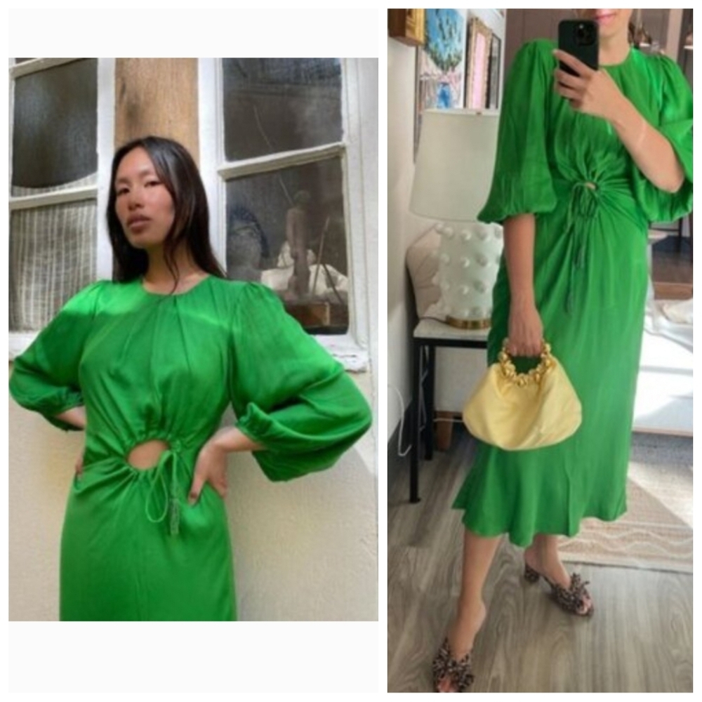 Farm Rio Green Solid Blouson Sleeve Cutout Midi Dress Size XS